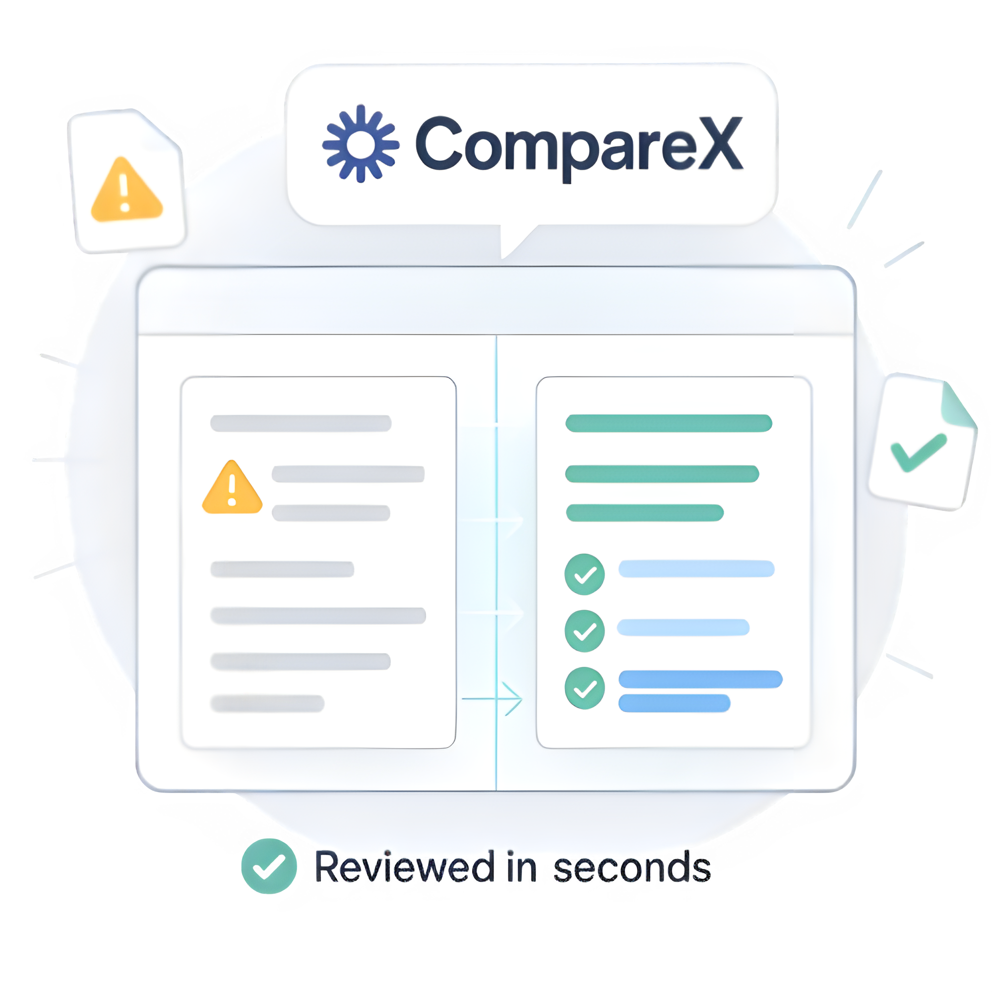 CompareX AI contract comparison showing highlighted risks and approved terms with the tagline 'Reviewed in seconds'.