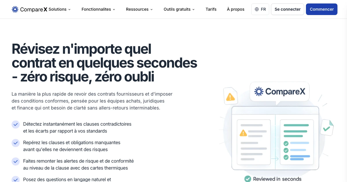 Comparex Fonctionnalités d'analyse de contrats IA | CompareX